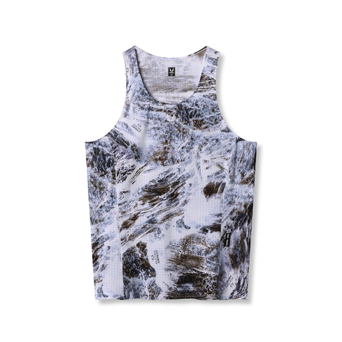 flatlay Laser-Vent Singlet Tank in white/grey with black camo print, front view