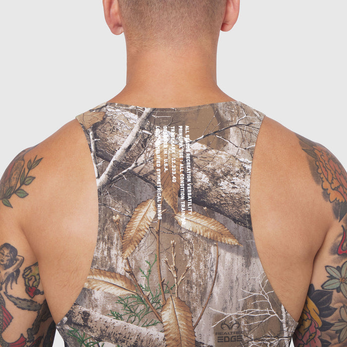 Laser-Vent Singlet Tank in Realtree Edge camo, back view on male model with visible tattoos