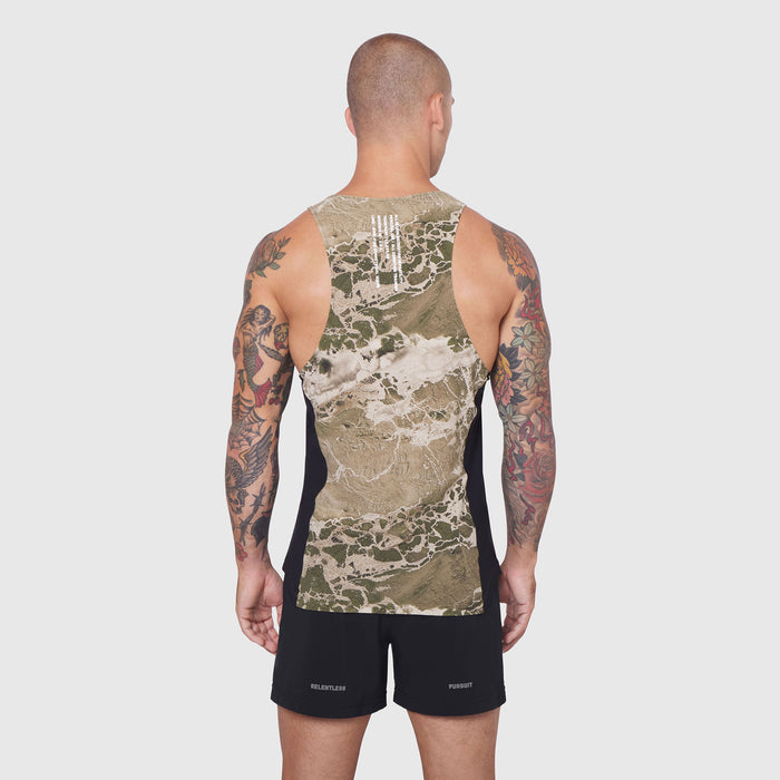 Laser-Vent Singlet Tank in camo print, worn by model from back view