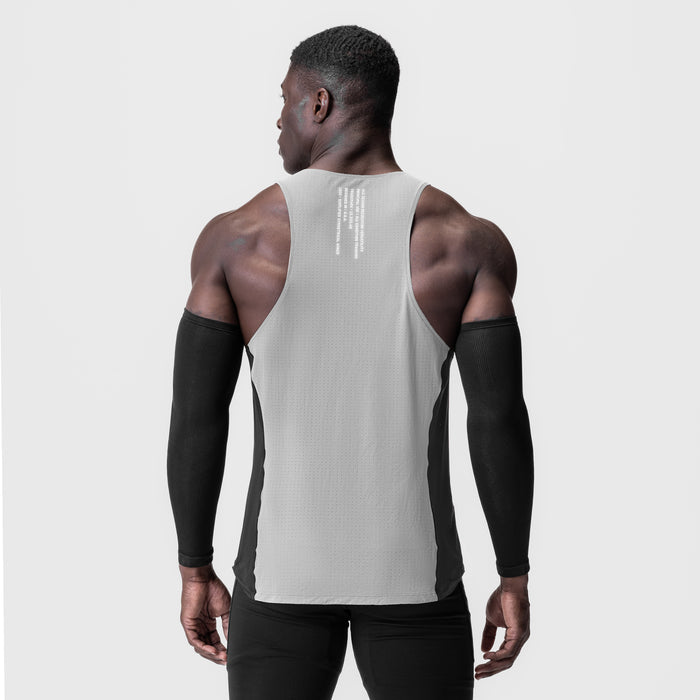 Laser-Vent™ Singlet Tank in slate grey and black worn by model, back view