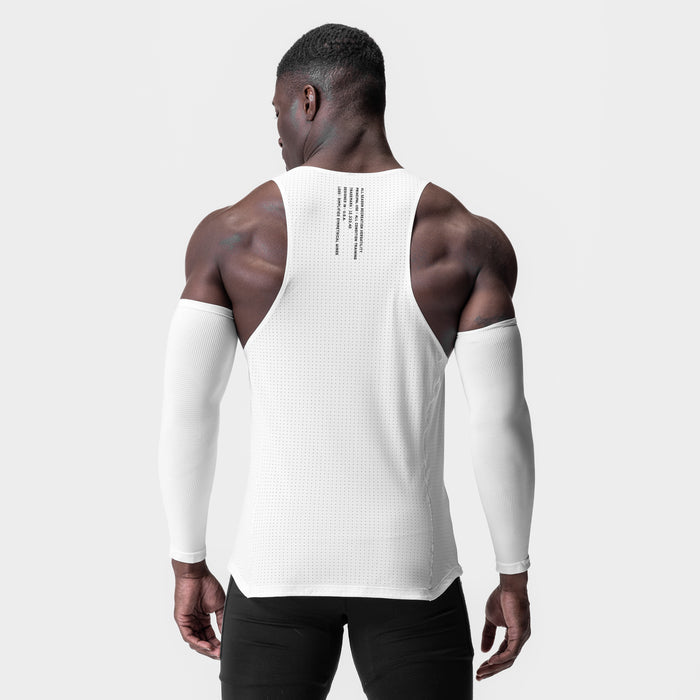 Laser-Vent Singlet Tank in white, worn by model from back view showing muscle definition