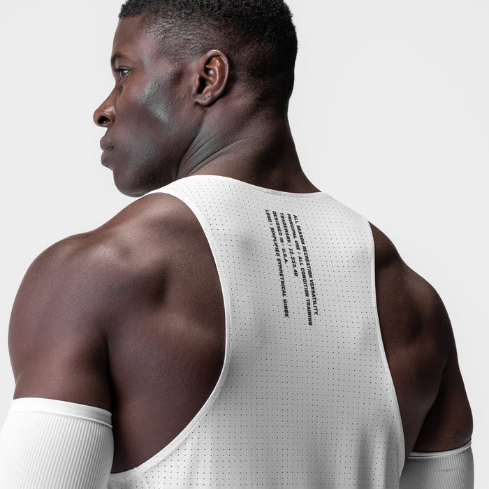 Laser-Vent™ Singlet Tank in white, worn by model shown from back view
