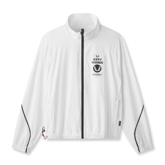 flatlay Aerotex™ Track Jacket in white with black zipper, front view