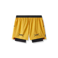 flatlay Aerotex 4" High Split Liner Short in amber and black, front view