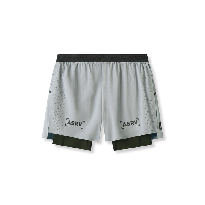 flatlay ASRV Aerotex 4" High Split Liner Short in slate grey and black, front view