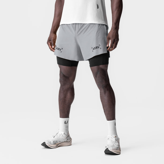 Aerotex 4" High Split Liner Short in slate grey and black, front view on model