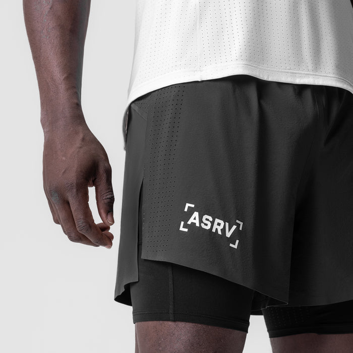 Aerotex 4" High Split Liner Short in space grey, worn by model showing side view