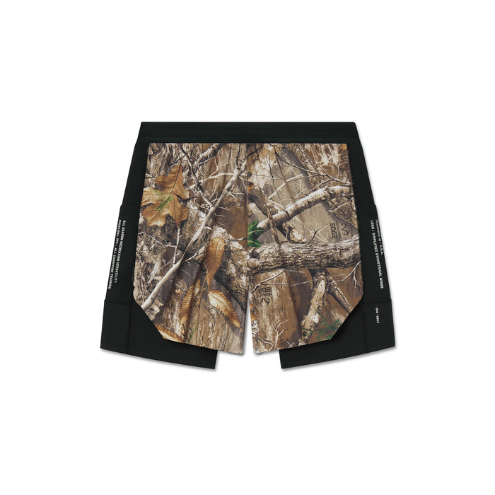 flatlay Aerotex Hybrid Liner Short in Realtree Edge camo and black, front view