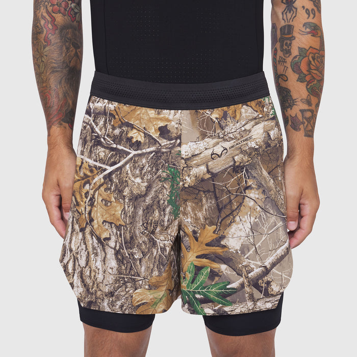 Aerotex Hybrid Liner Short in Realtree Edge camo, front view on model