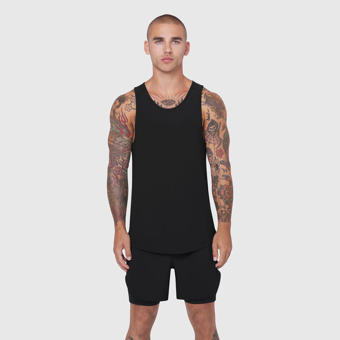 Black Laser-Vent Tank Top worn by model with tattoos, front view