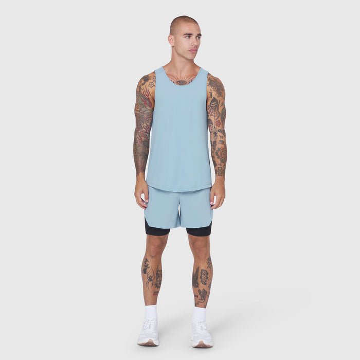 Laser-Vent Tank Top in light sky worn with matching shorts, front view on model