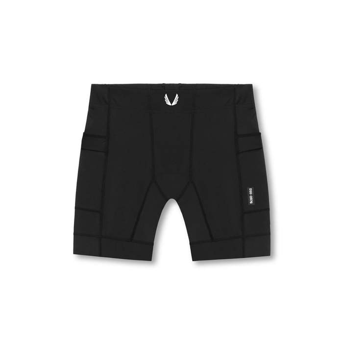 flatlay WarpFlexx-Lite 1/2-length legging shorts in black, front view