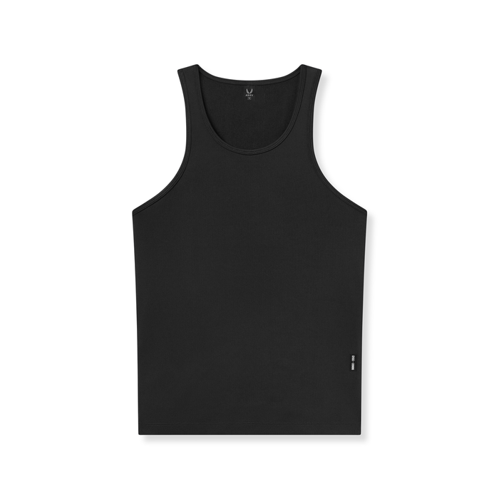 flatlay Creora® Tech Ribbed Tank in black, front view