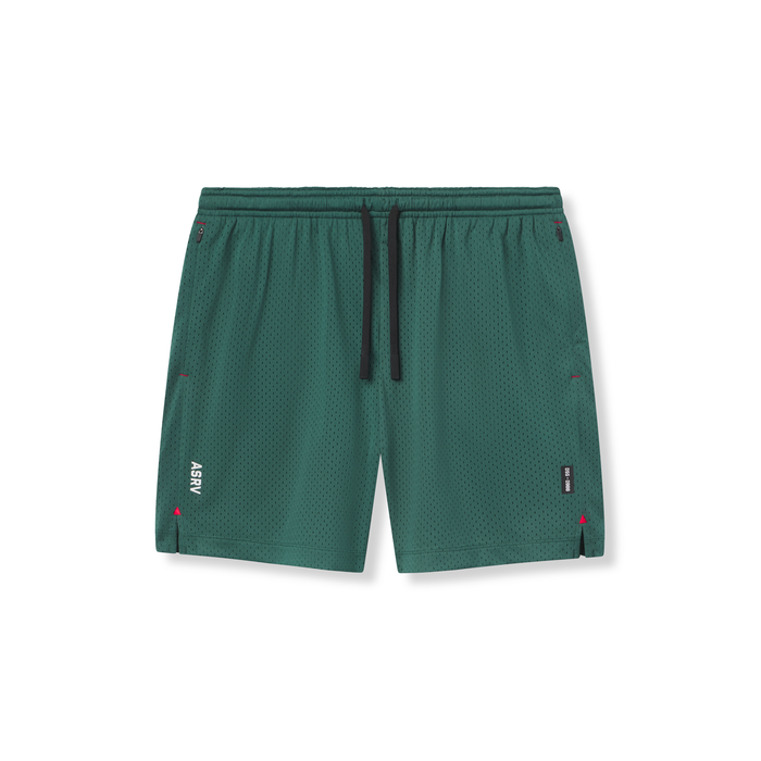 Flatlay of reversible 2-in-1 shorts in forest green with drawstring waist, front view