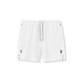 flatlay of white reversible 2-in-1 shorts with mesh texture and ASRV branding, front view