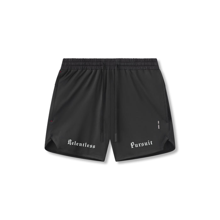 flatlay AeroSilver 5" Linerless Short in black with Relentless Pursuit text, front view