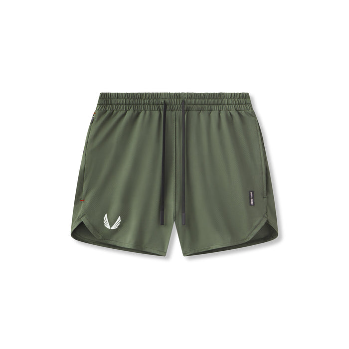 flatlay AeroSilver 5" linerless shorts in olive, front view