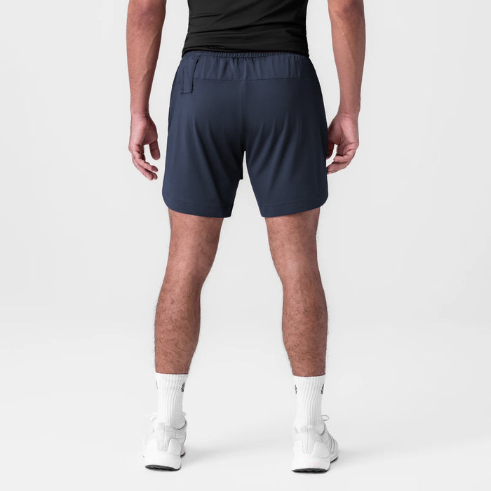AeroSilver 7" linerless shorts in navy, rear view on model