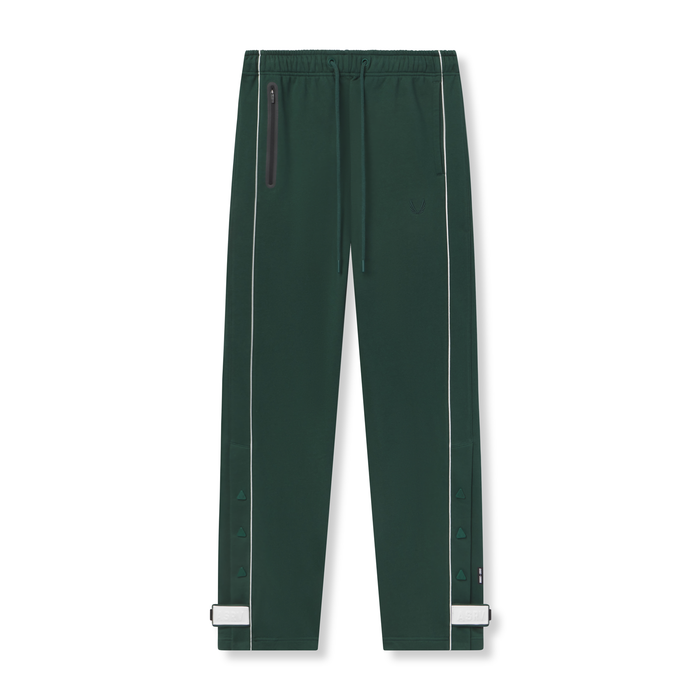 flatlay Herringbone Terry Snap Button Sweats in forest green with white cuff details, front view