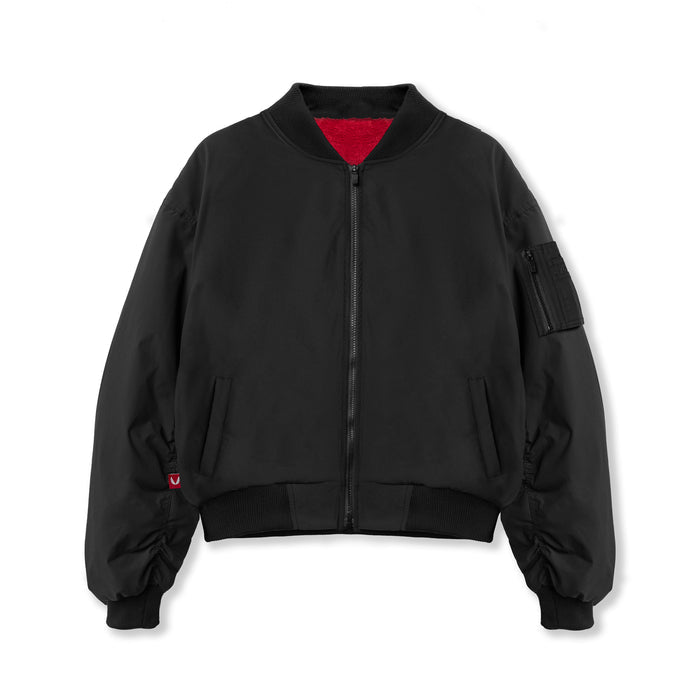 flatlay of Women's Sherpa-Lined Insulated Bomber Jacket in black with red lining, front view