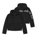 flatlay Women's Sherpa Recovery Full Zip Hoodie in black with white accents, front and back view
