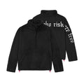 flatlay Sherpa Recovery 1/2 Zip pullover in black with white text details, front and back view