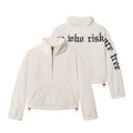 Flatlay of Women's Sherpa Recovery 1/2 Zip in ivory cream with black text, front and back views