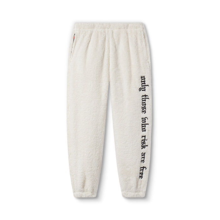 flatlay Womens Sherpa Recovery Sweats in ivory cream with black text design, front view