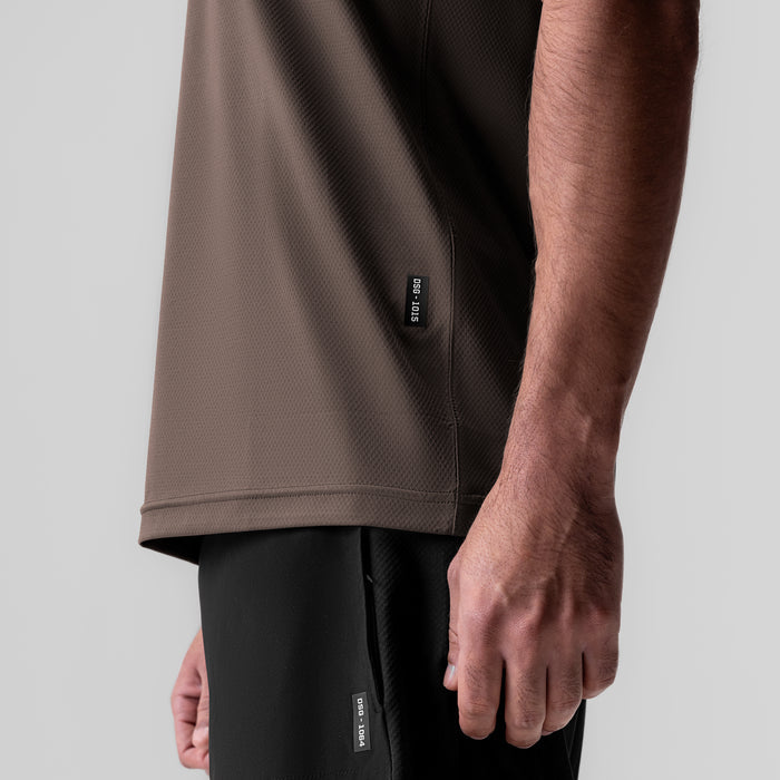 AeroSilver Essential Tee in Deep Taupe, worn by model, side view