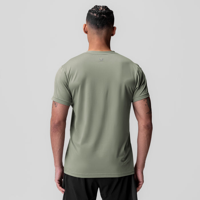 AeroSilver Essential Tee in sage, rear view on model