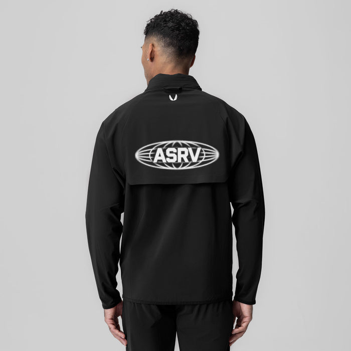Black Aerotex Weather-Ready Bonded Windbreaker worn by model, back view showing ASRV logo