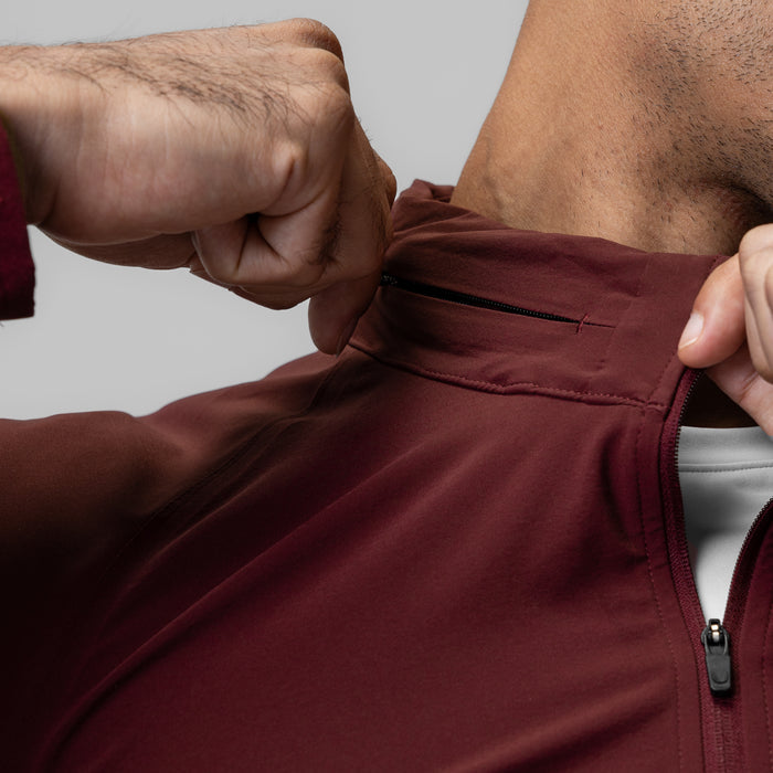 Aerotex Weather-Ready Bonded Windbreaker in crimson, worn by model showing collar and zipper detail