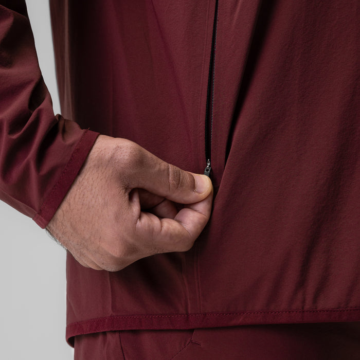 Crimson Aerotex Weather-Ready Bonded Windbreaker worn by model, front detail of hand in pocket