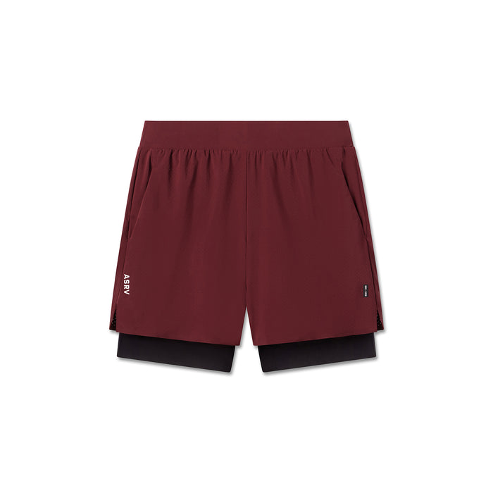 flatlay Aerotex Bonded 7" Liner Short in crimson and black, front view