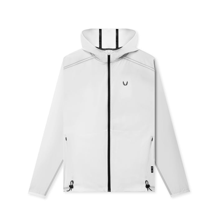 flatlay Aerotex Lightweight Windbreaker in white with black zipper and trim, front view