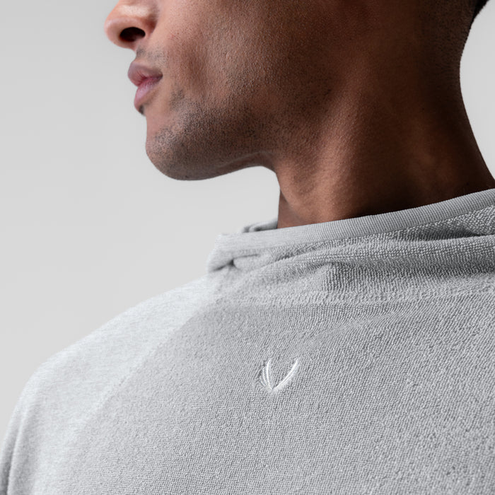 Towel Terry Reversible Hoodie in Heather Grey, side profile on model
