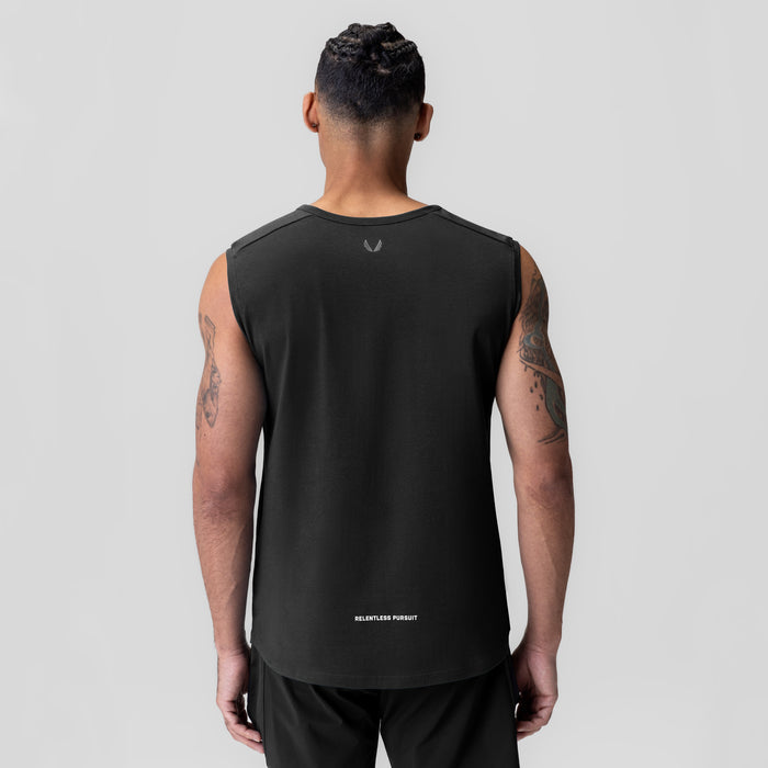 Black Creora® Cotton Modal Cutoff Tank worn by model, back view