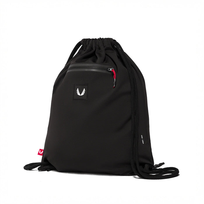 flatlay Antibacterial Mesh Drawstring Bag in black, front view