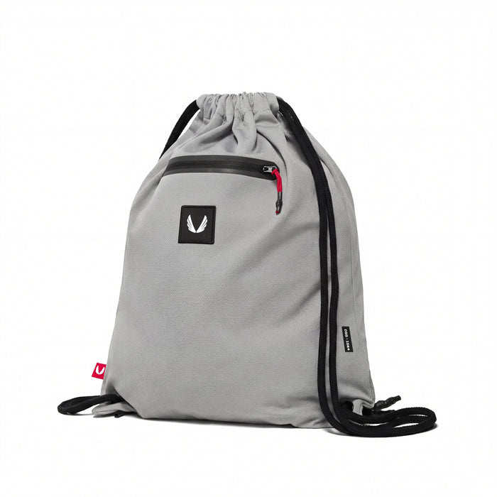 flatlay of antibacterial mesh drawstring bag in slate grey, front view