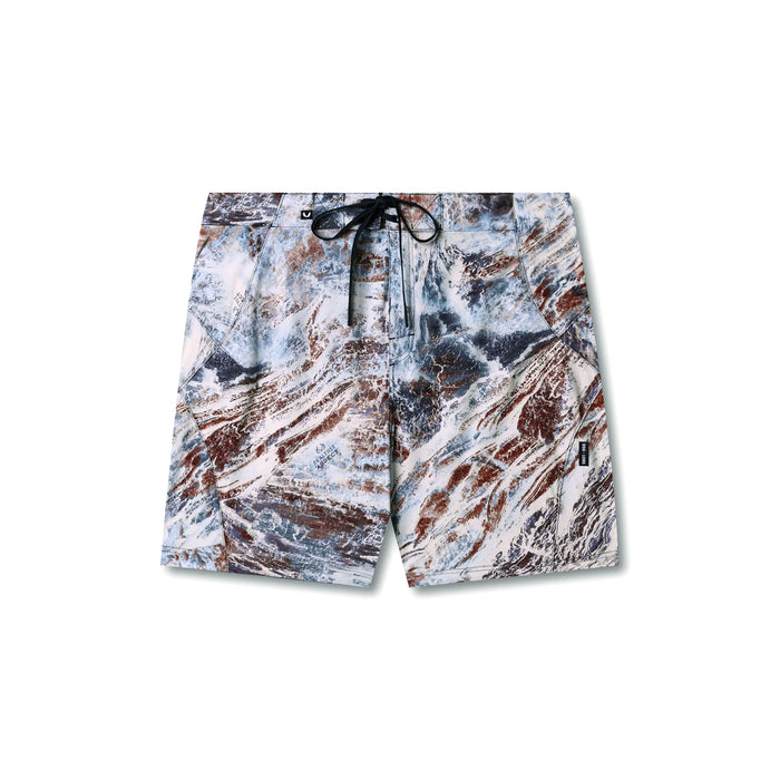 flatlay Revolutional Board Short in white, brown and blue marble print, overhead view