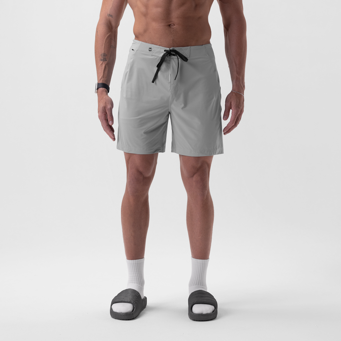 Revolutional Board Short in Slate Grey worn by male model, front view