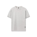 Flatlay of distressed relaxed tee in heather grey, front view