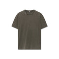 Flatlay of distressed relaxed tee in olive, front view on white background