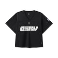 flatlay ASRV Ion-Mesh Crop Jersey in black with white logo, front view