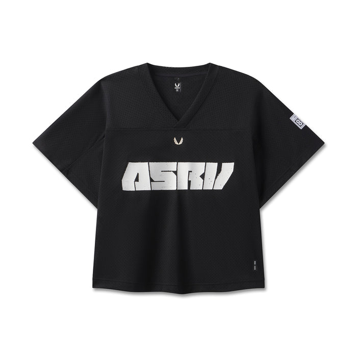 flatlay ASRV Ion-Mesh Crop Jersey in black with white logo, front view