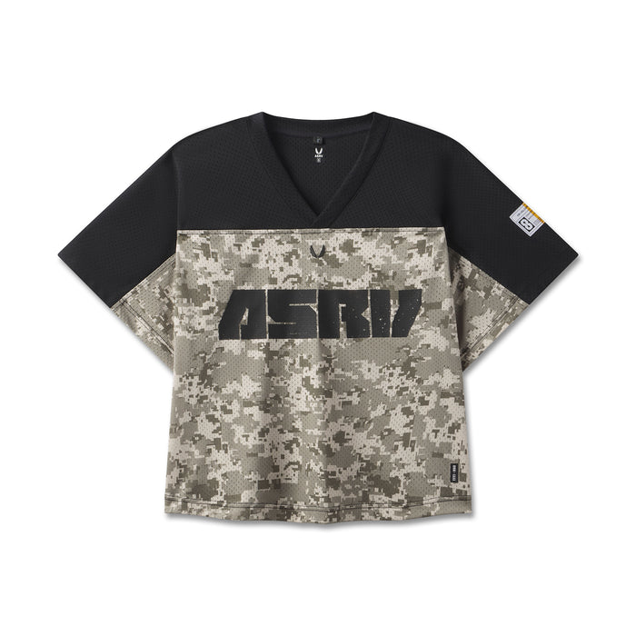 ASRV Ion-Mesh Crop Jersey in digital camo and black, front view on model flatlay