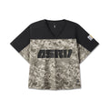 ASRV Ion-Mesh Crop Jersey in digital camo and black, front view on model flatlay