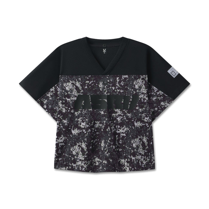 flatlay Ion-Mesh™ Crop Jersey in black with pixel camo pattern, front view