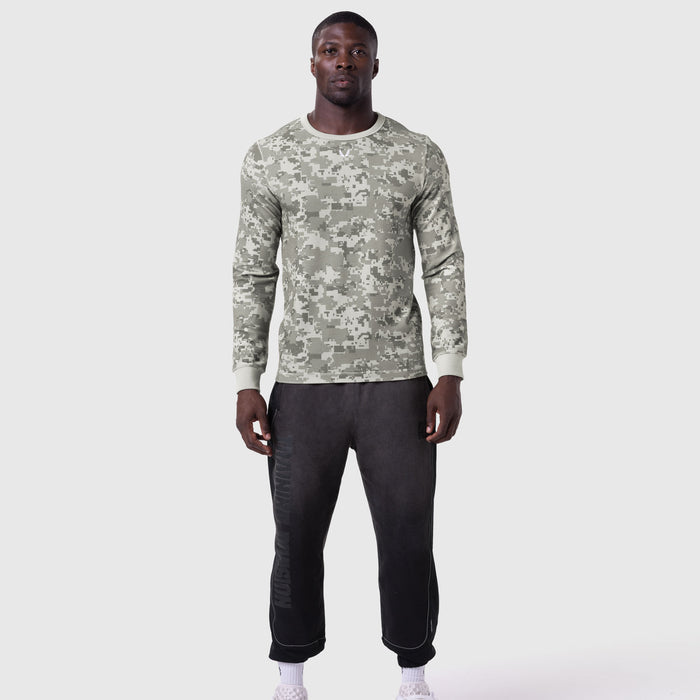 Waffle Knit Longsleeve in digital camo worn with black joggers, front view