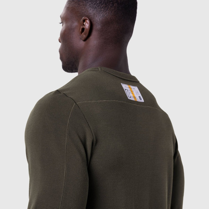 Waffle knit longsleeve in olive worn by model, back view